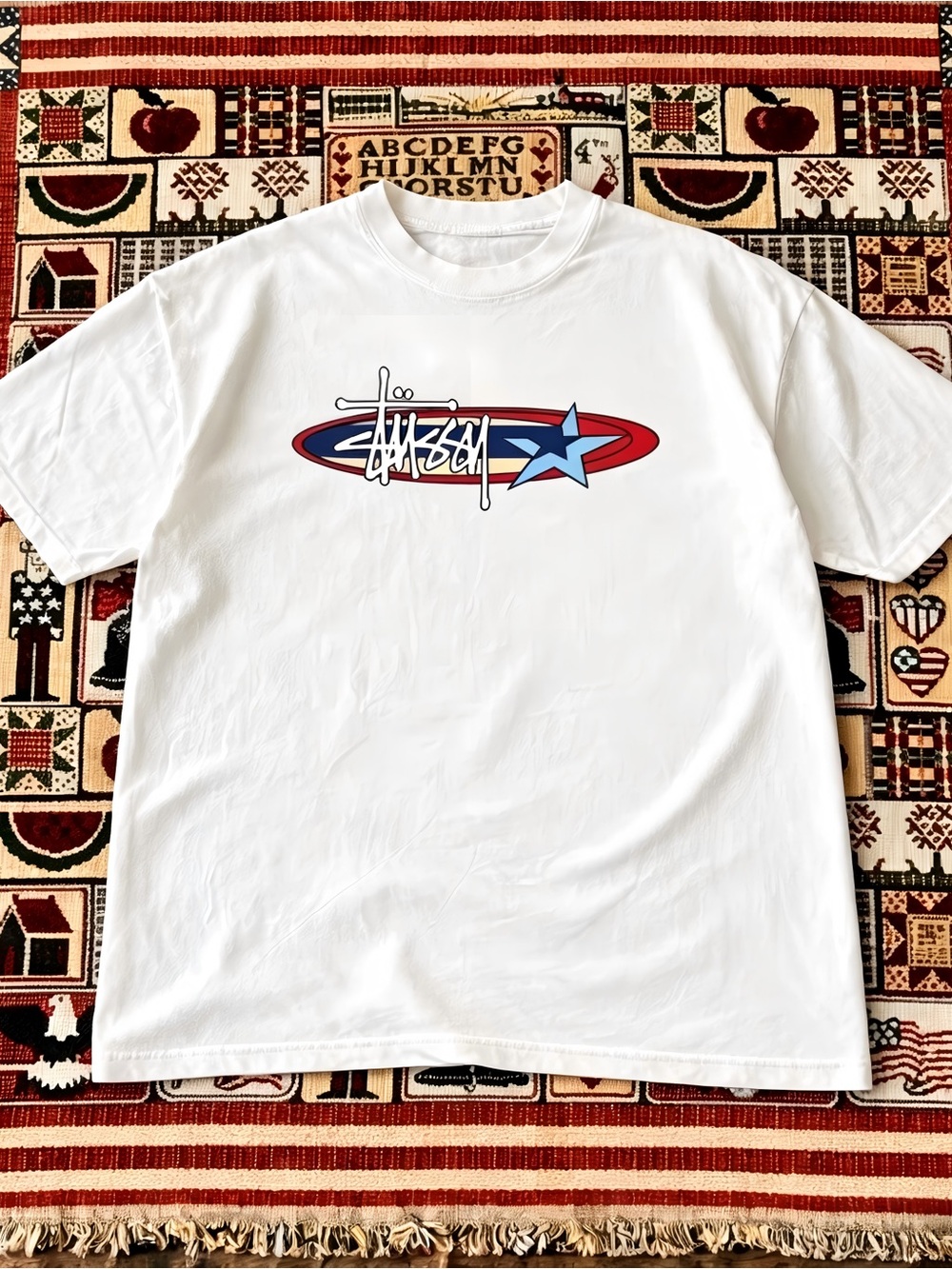 Retro USA Stripes Stussy Script Crew Neck Streetwear Womens Mens T-shirt Unisex